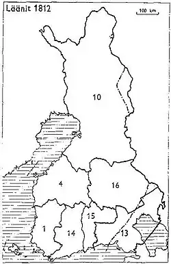 1812: 1: Turku en Pori 4: Vaasa 10: Oulu 13: Viipuri 14: Nyland en Tavastehus 15: Kymmenegård 16: Savolax en Karelia