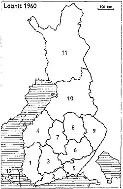 1960 1: Turku en Pori 2: Uusimaa 3: Häme 4: Vaasa 5: Kymi 6: Mikkeli 7: Centraal Finland 8: Kuopio 9: Noord Karelia 10: Oulu 11: Lapland 12: Åland