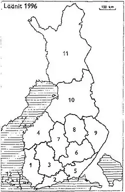 1996 1: Turku en Pori 2: Uusimaa 3: Häme 4: Vaasa 5: Kymi 6: Mikkeli 7: Centraal Finland 8: Kuopio 9: Noord Karelia 10: Oulu 11: Lapland 12: Åland