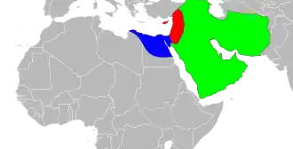 alt= ■&nbsp;Gebied beheerst door de Rashidun (Ali ibn Aboe Talib) ■&nbsp;Gebied beheerst door Moe'awija I ■&nbsp;Gebied beheerst door 'Amr ibn al-'As