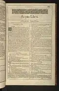 Eerste bladzijde van het blijspel As You Like It uit de First Folio-uitgave van Shakespeares toneelstukken, 1623