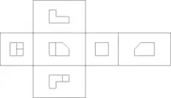Projectietekening met een boven-, zij-, voor-, zij-, achter- en onderaanzicht
