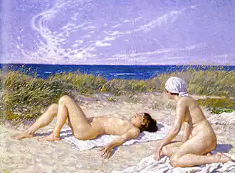 Zonnebaden in de duinen, 1916