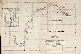 D'Albertis Kaart van de Fly uit 1876, met de zijrivier Alice River rechts bovenaan