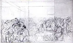 Carl Philipp Fohr, (1795-1818): De kunstenaars in het Antico Caffè Greco 1818, tweede opzet van het schilderij dat niet meer werd uitgevoerd - links de landschapsschilders, in het midden Joseph Anton Koch, om hem heen Ernst Zacharias Platner, Konrad Eberhard, Johann Martin von Rohden, Carl Barth, Friedrich Rückert en Kaspar Waldmann, rechts de Nazareeërs, in het midden Johann Friedrich Overbeck, om hem heen Theodor Rehbenitz, Philipp Veit, Peter Cornelius en Fohr's hond Grimsel.