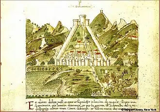 Tekening (15e eeuw) van het driehoekig versterkte Salerno in de tijd van de Aragonese heersers