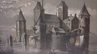 Fantasie-impressie van het kasteel getekend door P.W.M. Trap (1854), naar een tekening van Abraham Rademaker. Illustratie in: J. van Lennep, W.J. Hofdijk; Merkwaardige kasteelen in Nederland