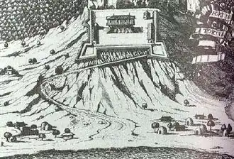 Fort de Rocher in het boek De Americaensche Zee-Roovers van Alexandre Exquemelin