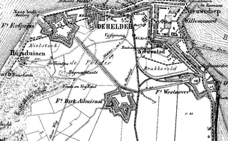 Stelling Den Helder op een kaart uit 1870 met Erfprins linksboven