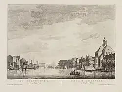 De Nieuwe Vaart in westelijke richting gezien met rechts de Oosterkerk en in de verte de Kattenburgerbrug - prent van Pierre Fouquet e.a., 1759