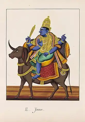 Yama op zijn buffel, gouache, circa 1850