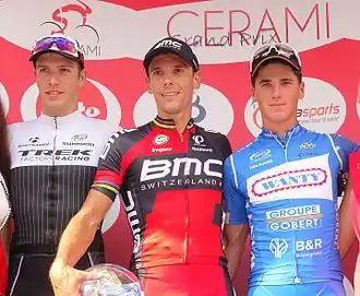 Het podium, van links naar rechts: Danny van Poppel (2e), Philippe Gilbert (1e), Tom Devriendt (3e)