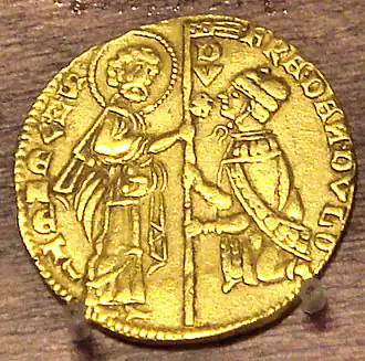 Munt met Dandolo die knielt voor Marcus