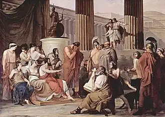 Francesco Hayez, Odysseus aan het hof van Alkinoös, 1814-1815. Links zit Arete tussen Nausikaä en Alkinoös in.