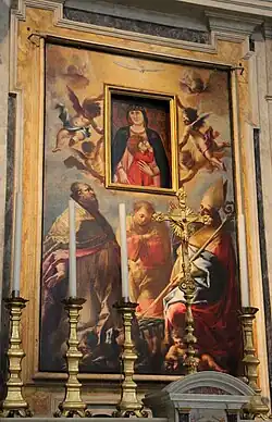 Veertiende-eeuwse Madonna, gevat in een doek met de heiligen Laurentius, Ambrosius en Zenobius door Francesco Conti, 1714