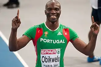 Francis Obikwelu, kampioen 60 m op de EK indoor 2011, Parijs.