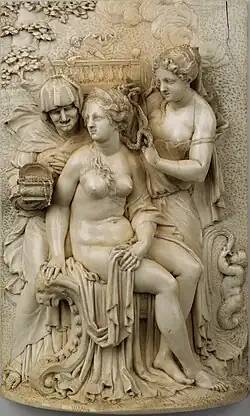 Het toilet van Batseba; in de achtergrond David op het balkon ca. 1680-1692 (250 x 162 mm)