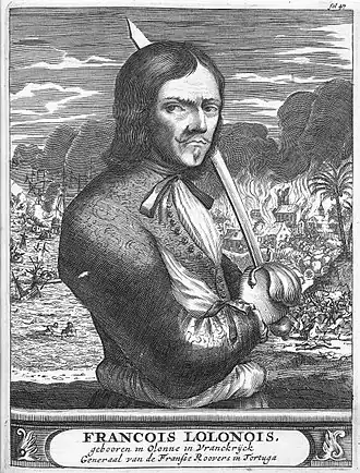 François l'Olonnais volgens de The History of the Bucaniers of America, 1684