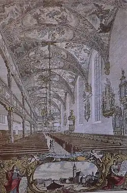 De kerk met beschilderd plafond (circa 1683)