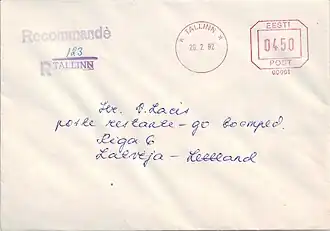 Een aangetekende brief naar Riga in Letland met het stempel van een loketfrankeermachine op het postkantoor van Tallinn in Estland, 20&nbsp;februari 1992