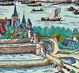 Detail stadspanorama Braun & Hogenberg (1575) met Sint-Maartenskerk (6), Wycker Kruittoren (rechts van de kerk) en de diverse Sint-Maartenspoorten