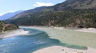 Monding van de Thompson (donkerblauw helder water) in de Fraser (licht gekleurd, troebel water)