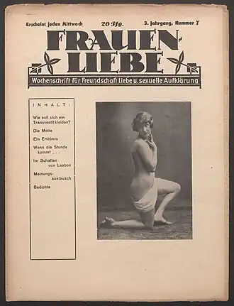 Voorpagina Frauenliebe (1928). De prijs van 20 pfenning staat bovenaan het blad weergegeven