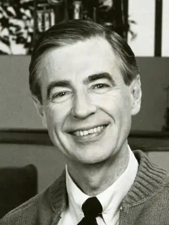 Rogers op de set van Mister Rogers' Neighborhood November 1987