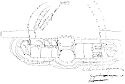 Frederik de Grotes schets voor het grondplan voor Sanssouci. Een enfilade van tien kamers vormt het corps de logis (hoofdgebouw). Aan de noordkant vormen twee colonnades een cour d'honneur (binnenplaats met drie wanden). De dienstvertrekken liggen achter bomen en klimplanten in de twee vleugels.