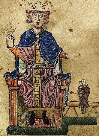 Frederick II met valk Valkenboek door Frederik II, Vaticaanse Bibliotheek