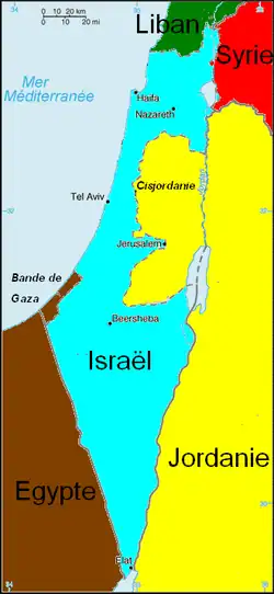 De grenzen van het nieuwe land Israël (lichtblauw) in 1949.