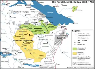 Gebieden in Zwitserland, waar de abdij tot en met de 18e eeuw wereldlijke macht over had