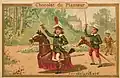 Stokpaarden tijdens het soldaatje spelen, een illustratie van rond 1900 van het Franse chocolademerk Chocolat du Planteur