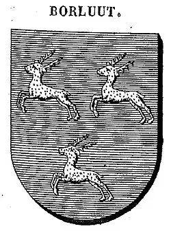 Prent van het wapenschild van de familie Borluut met 3 lopende herten
