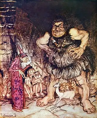 "The giant Galligantua and the wicked old magician transform the duke's daughter into a white hind", illustratie bij English Fairy Tales van Flora Annie Steel