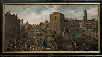 Gezicht op de Ganzenmarkt en de Stadhuisbrug te Utrecht van de Utrechtse kunstschilder Joost Cornelisz. Droochsloot (circa 1585-1666).