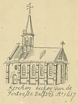 De Garnizoenskerk van Delfzijl uit 1614 zoals deze afgebeeld staat op een avondmaalsbeker uit 1657.
