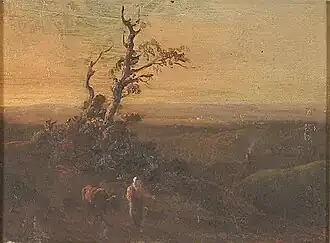 op papier geschilderd en op karton gemonteerd en meet 12,5 x 15,2 cm.