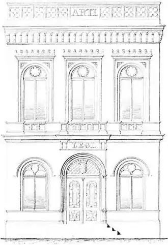 Voorgevel, tekening uit een publicatie d.d. 1858