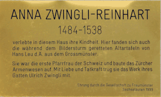 Gedenktafel von Anna Zwingli-Reinhart an der Schifflände 30, Zürich