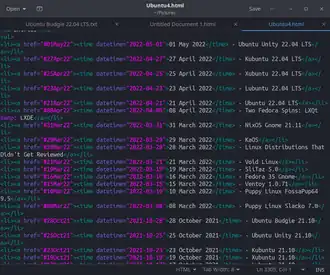 gedit 41.0 toont een webpagina met syntax highlighting en drie tabbladen