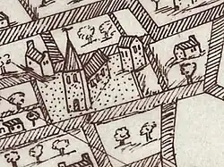 De kerk van Warffum op de kaart van schoolmeester Geerdts uit 1683 met rechtsachter de oude losstaande toren.