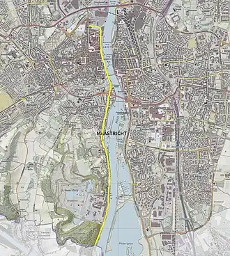 Geel gemarkeerd: tracé van de Maasboulevard