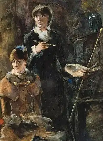 Van Stolk (staand) met haar zus in haar atelier, vastgelegd door G.H. Breitner