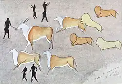 Tekening door George William Stow van grotschilderingen in de Drakensbergen, Zuid-Afrika.[19]