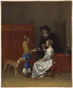 Elegant paar in een interieur, door een page bediend - Gerard ter Borch