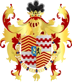 Het wapen van het huis Egmont met in het tweede en derde kwartier het wapen van Arkel