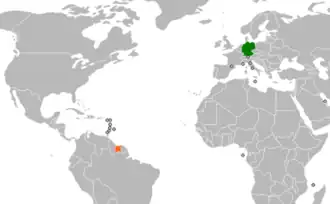 Kaart met daarop Suriname en Duitsland