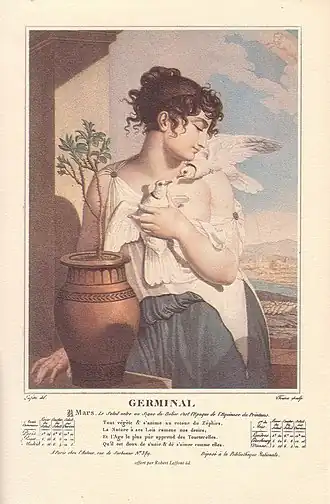 Kiemmaand (Germinal) van de Franse republikeinse kalender. Ets van Salvatore Tresca naar Louis Lafitte