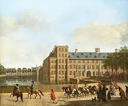 Gerrit Berckheyde, Een jachtstoet bij de Hofvijver in Den Haag, gezien vanaf het Buitenhof, 1685-1690